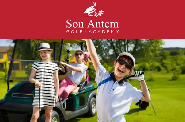 Son Antem Junior Academy Golf with two children in front of a golf cart